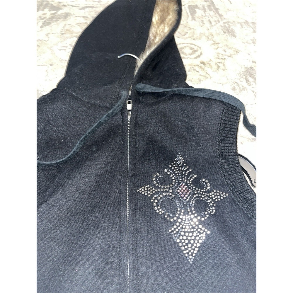 Lawman Jeans‎ Black Full Zip Vest Faux Fur Hood Sz Large Womens Bling Cross - Picture 2 of 5